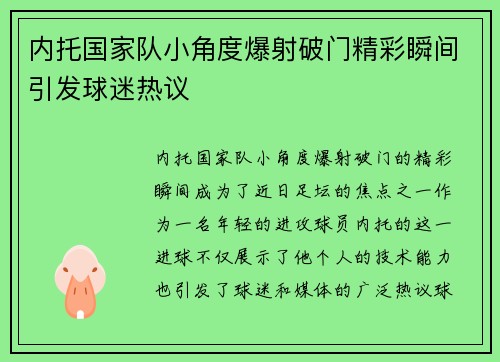 内托国家队小角度爆射破门精彩瞬间引发球迷热议