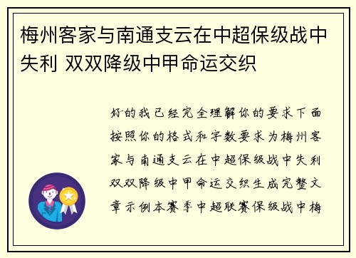 梅州客家与南通支云在中超保级战中失利 双双降级中甲命运交织