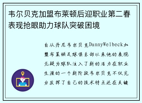 韦尔贝克加盟布莱顿后迎职业第二春表现抢眼助力球队突破困境